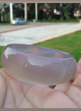 正品原石无烧水润冰透天然浅灰玛瑙手镯加宽荧光玉髓手环女礼144