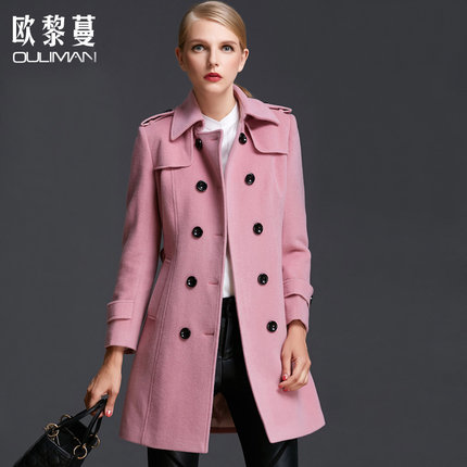 欧黎蔓冬装羊绒大衣女2015新双排扣中长款修