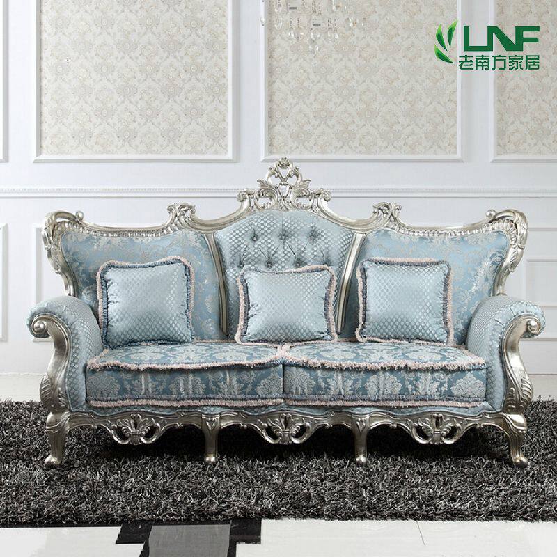 新古典实木雕刻沙发欧式宫廷豪华银箔沙发客厅布艺棉针织沙发组合