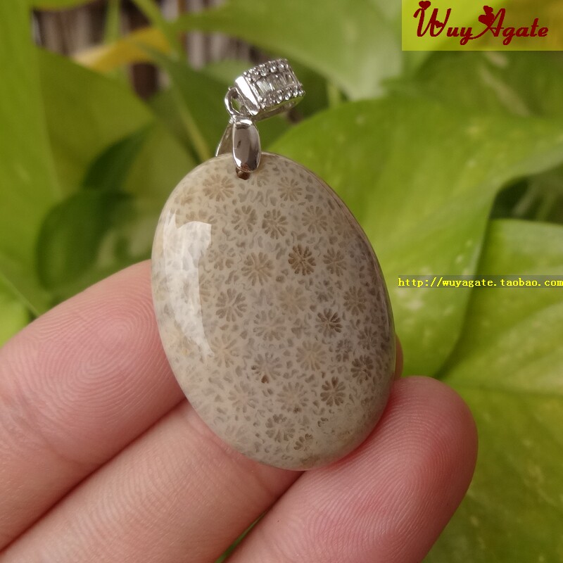 925银台湾珊瑚玉化透光满花菊花石吊坠项坠女款旦形百搭挂件