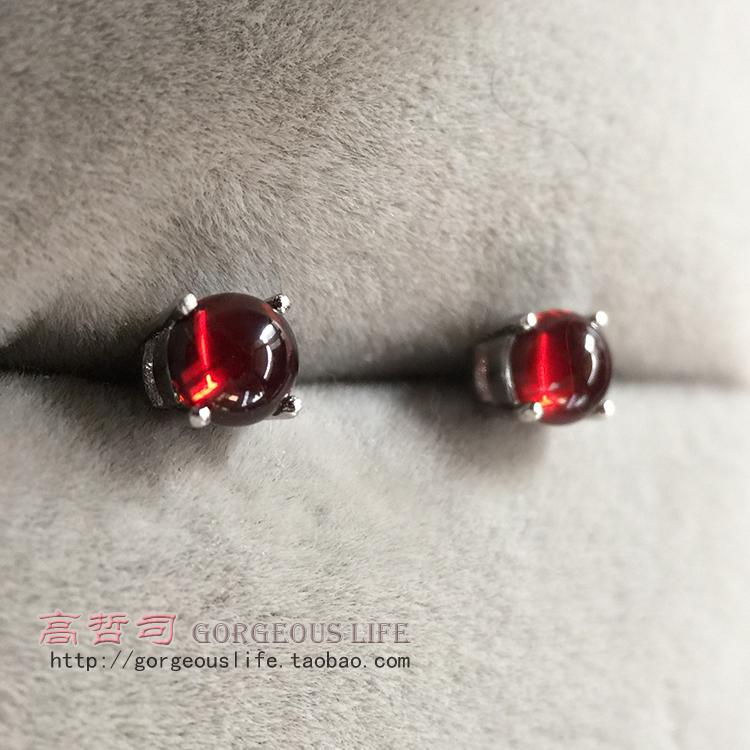 天然光面石榴石纯银耳钉
