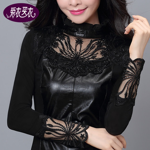 2024秋冬装新款加绒加厚打底衫女长袖秋冬pu皮衣上衣保暖防风时尚
