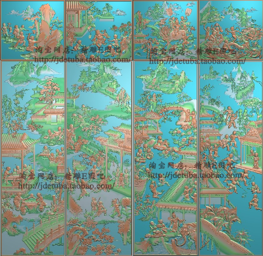 山水童子精雕图衣柜门板灰度图浮雕精品百子顶箱柜套图3童子人物图片