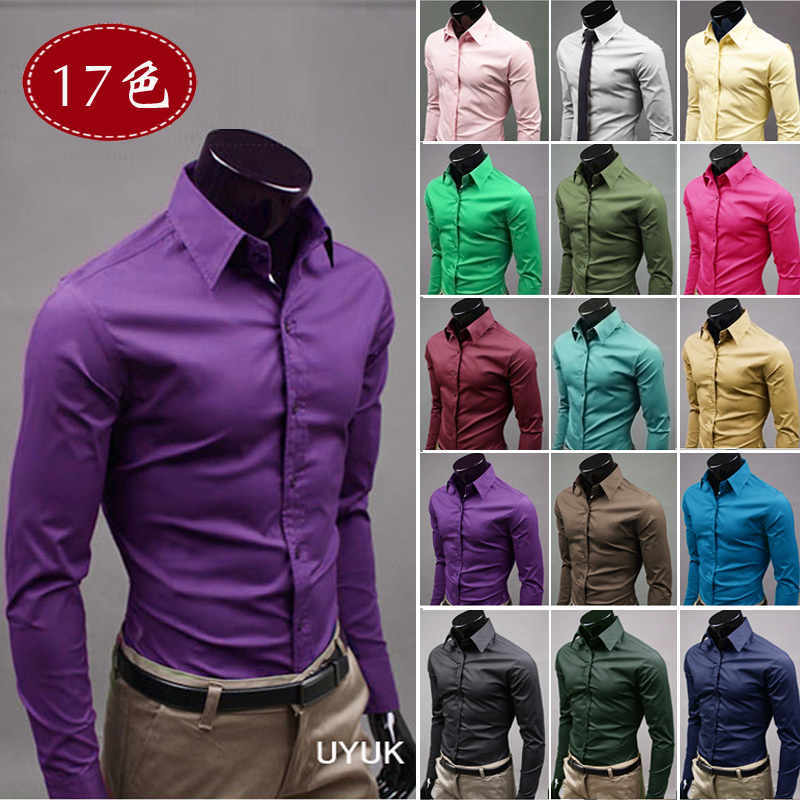 百搭纯色韩版修身男装衬衫 男时尚休闲长袖衬衫衣man men's shirt