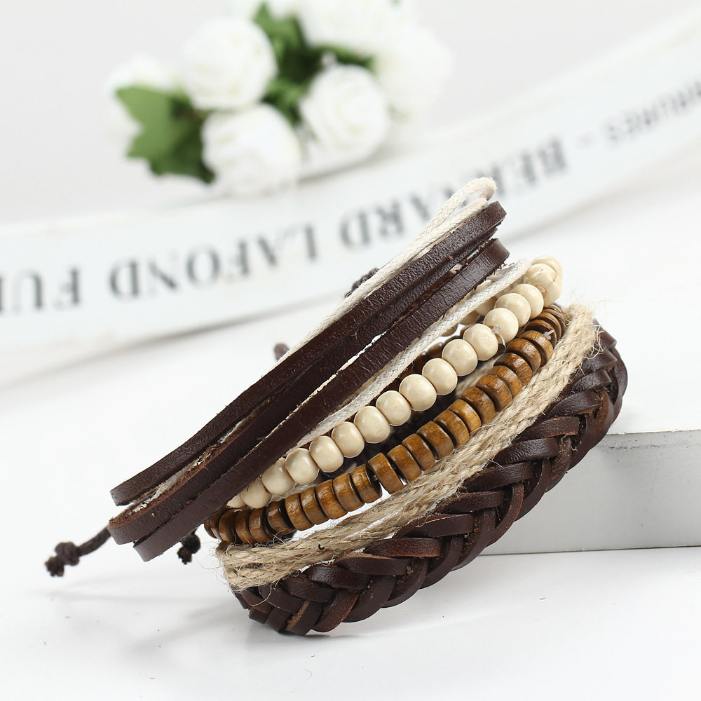 couples hand catenary bracelet men 皮绳木珠多层男女情侣手链