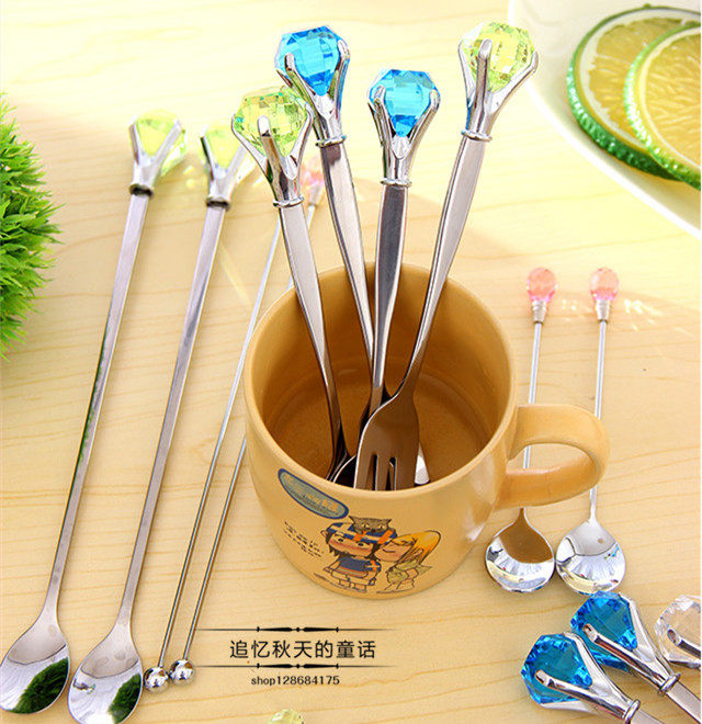 晶莹剔透彩色梦幻钻石款长柄勺不锈钢宝石咖啡勺子搅拌勺水果叉子