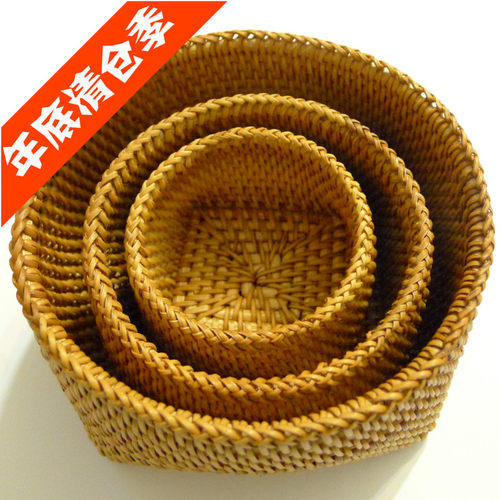 越南进口竹藤工艺 三件套秋藤摆件竹箩 圆形小收纳 竹筐 普洱茶包