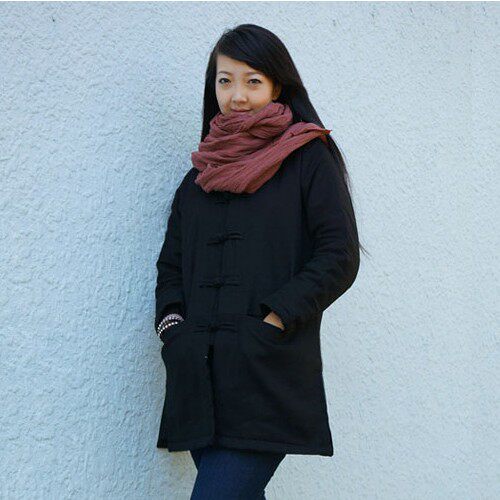 唐装女装民族风外套 2022中式改良盘扣棉服 粗麻中长款棉衣中国风