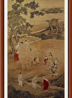 国画山水画办公室字画客厅书画作品丁观鹏乾隆皇帝洗象图轴赠装裱