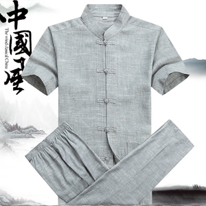 中老年夏季棉麻唐装男短袖衬衫套装休闲中式中山装汉服亚麻爸爸装