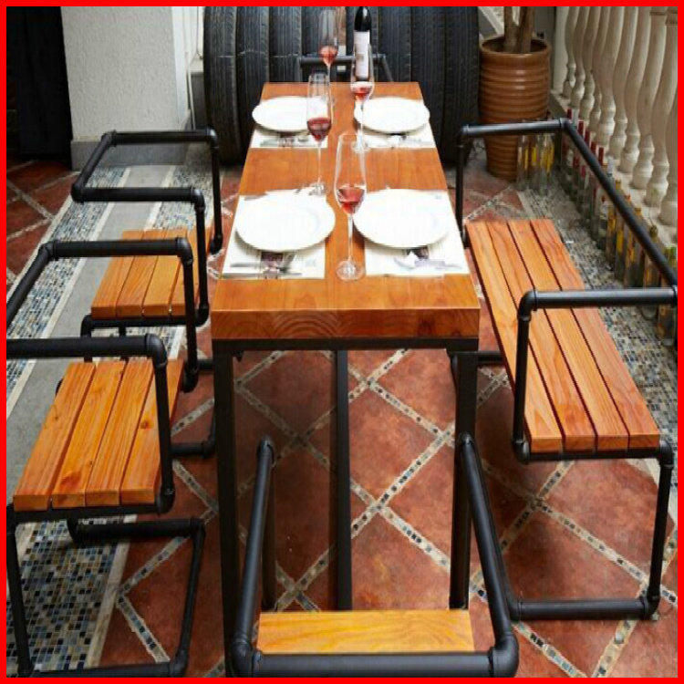 loft复古原木长桌 铁艺简约实木餐桌椅组合 办公桌会议桌 水管椅