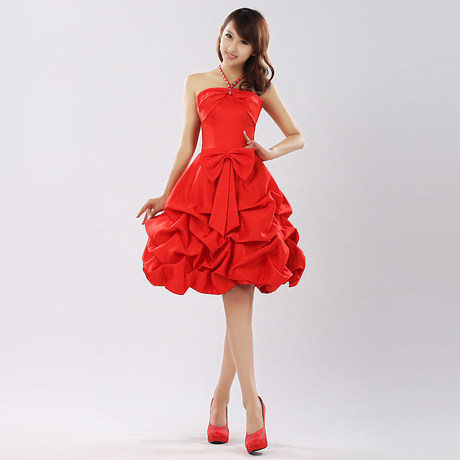 公主吊带新娘短款红色婚纱礼服图片