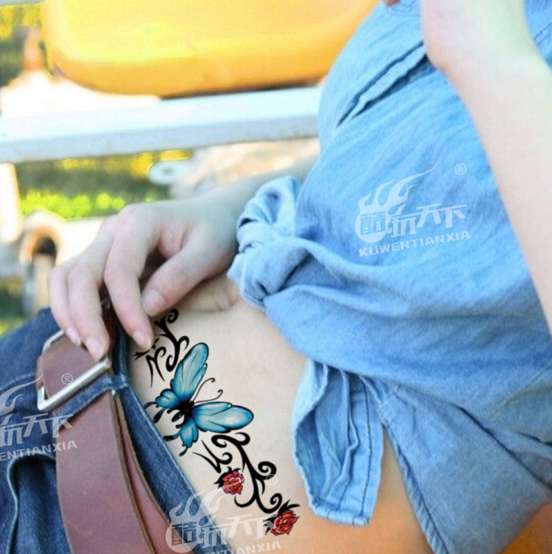 酷玩天下纹身贴 蝴蝶玫瑰藤蔓 腰腹 遮疤痕大图  防水 女纹身贴纸