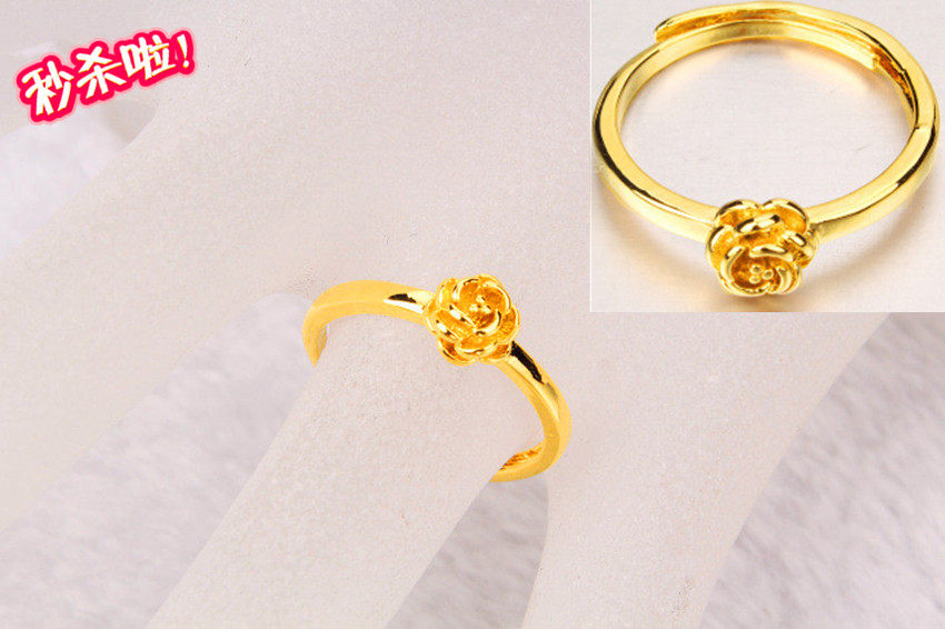 越南沙金戒指  镀24K黄金女生沙金活口玫瑰花戒指 仿真黄金首饰