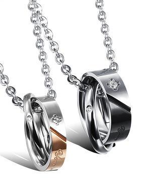 双环心心相印钛钢时尚个性风吊坠