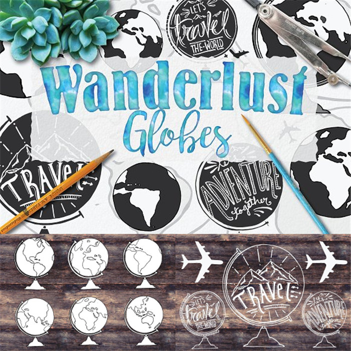 A0214矢量手绘涂鸦风格地球仪飞机线稿水彩图 AI设计素材