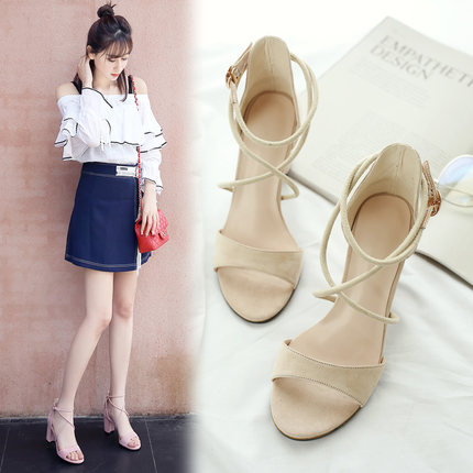 绑带一字扣高跟鞋罗马凉鞋女夏新款粗跟韩版百搭夏季性感鱼嘴女鞋-tmall.com天猫