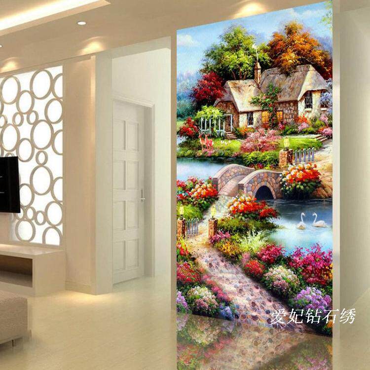 新款客厅欧式走廊5D钻石画满钻方钻贴砖石十字绣玄关梦幻风景竖版