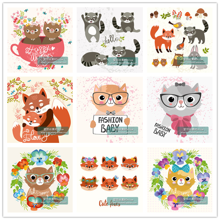 [111]卡通可爱动物儿童插画猫咪狐狸浣熊 AI矢量设计素材