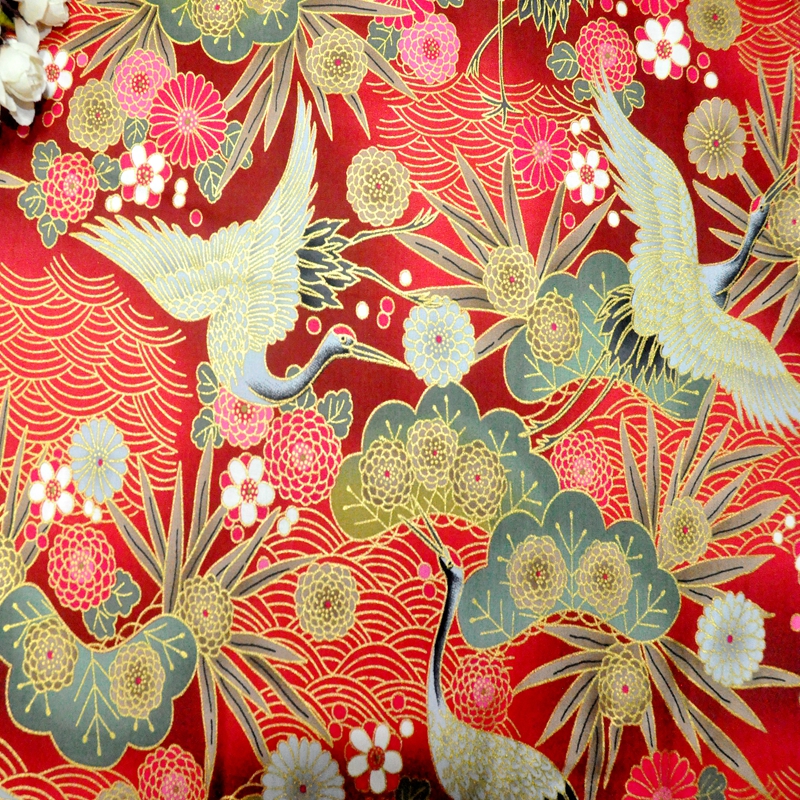 拼布DIY和风纯棉烫金布料和服面料娃衣面料日本进口棉布红色仙鹤
