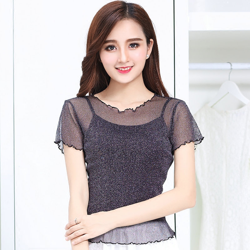 夏女装透视网纱衣内搭打底衫短袖韩版性感网纱银丝透明蕾丝t恤女