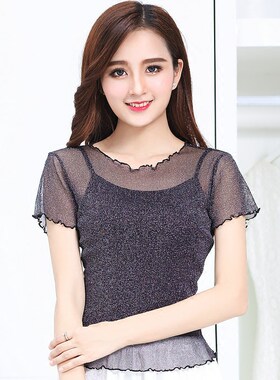 夏季韩版透视银丝网纱短袖T恤女