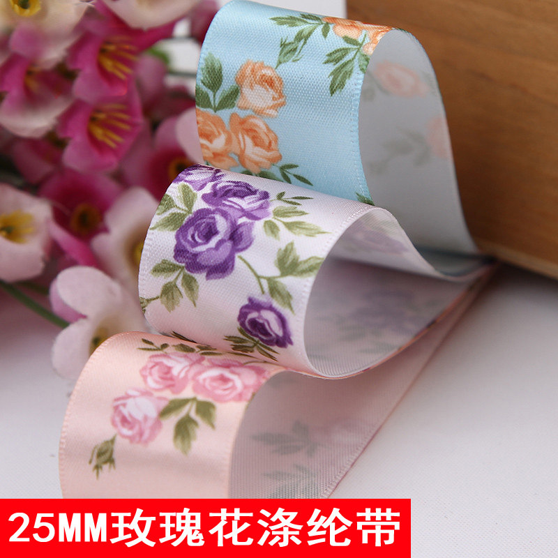 25mm印玫瑰花缎带 涤纶带 手工DIY发饰材料发夹丝带蝴蝶结配件