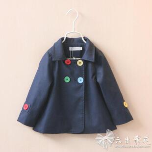 春秋款女童可爱双排彩色纽扣翻领短款风衣外套童装