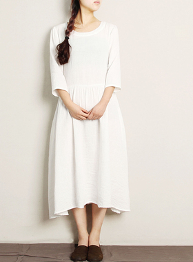 2025宽松复古通勤 双层棉纱透气圆领七分袖中长款连衣裙夏女新款