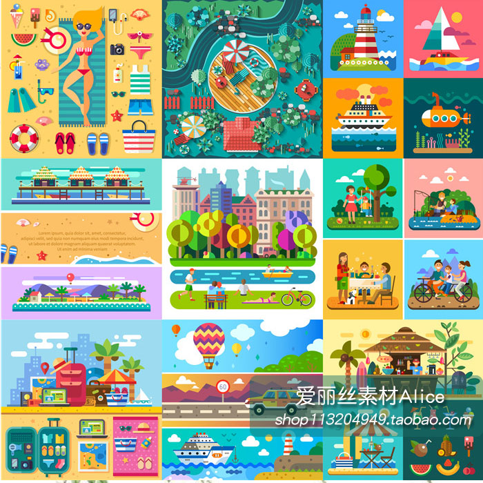 [211]扁平化彩色旅游度假休闲插画亲子游信息图 AI矢量设计素材