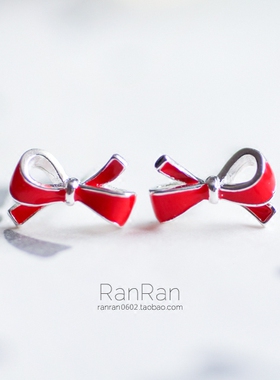 甜美少女红色滴油立体蝴蝶结通体925纯银耳钉可爱百搭