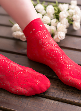 大红色袜子女蕾丝本命年结婚袜子男红色薄款喜庆新娘袜子短袜
