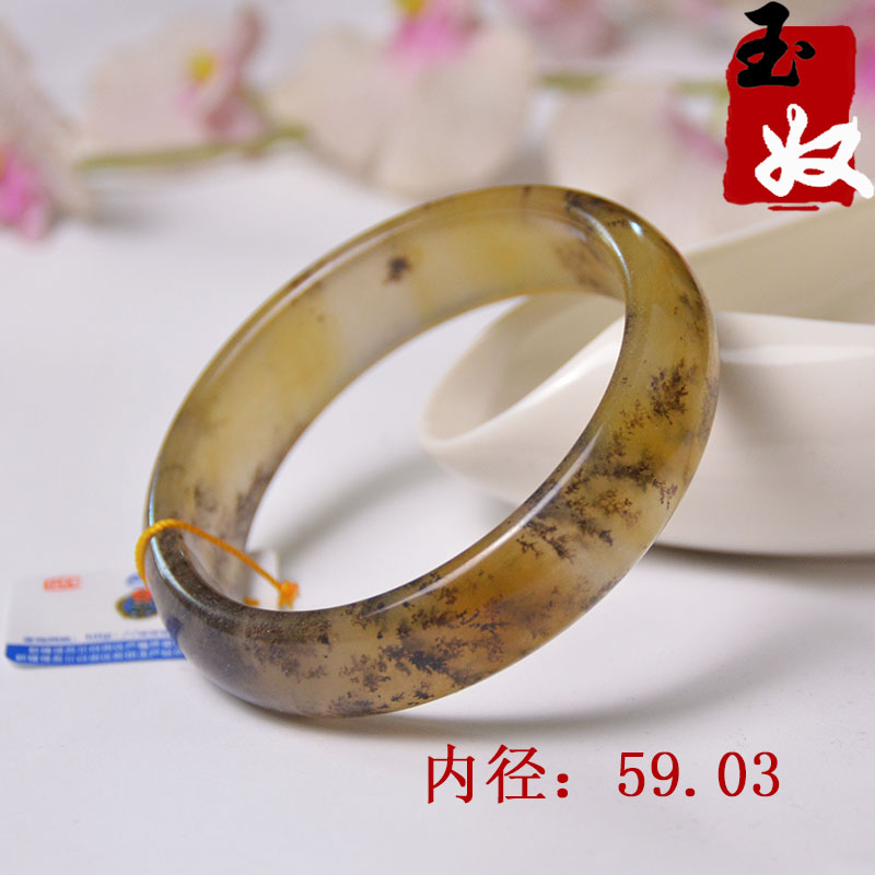 玉奴新疆天然金丝玉手镯/黄白色草花宝石光细料手镯子/59