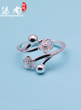 99纯银手工樱花开口食指戒指女日