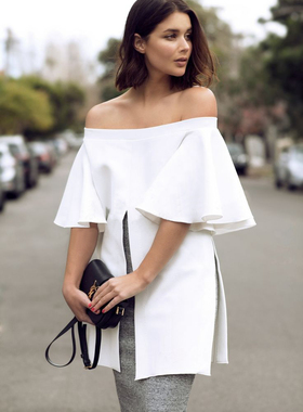 高端定制时尚博主同款2018街拍超美一字肩大荷叶短袖长款上衣