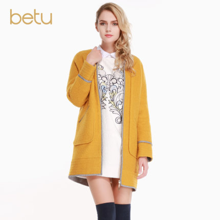 Betu\/百图通勤圆领毛呢外套女宽松中长款呢子