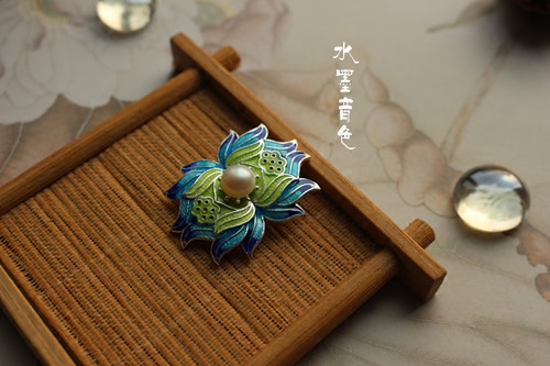 水墨音色铜质仿烧蓝手牌项链吊坠diy发簪配件铜烧蓝 34*27金鱼花