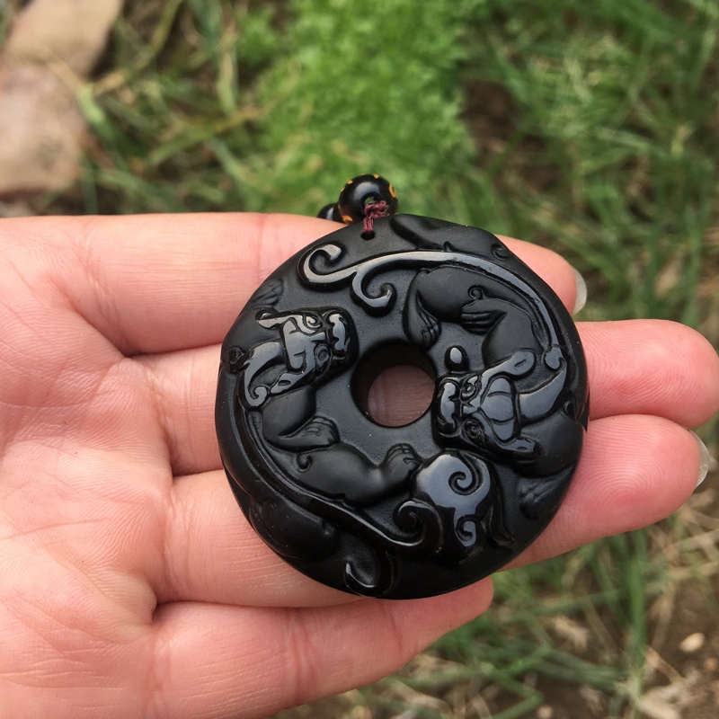 天然黑曜石双貔貅平安扣吊坠转运护身男女款玉佩项链送证书