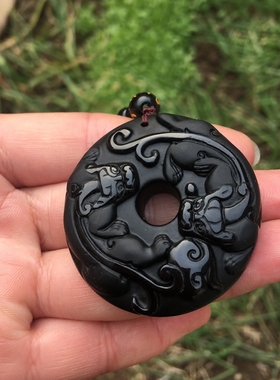 天然黑曜石双貔貅玉佩证书吊坠