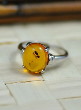 橙色槟香-925纯银戒指镶嵌波罗的海（波兰）天然琥珀花珀