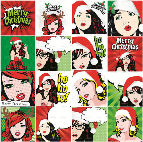A0198矢量欧美波普风格女郎圣诞节主题色彩插画 AI设计素材