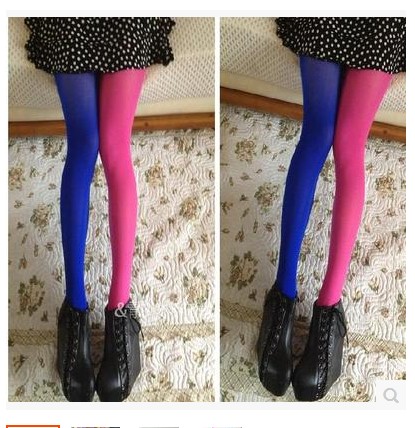 开档春秋款ab双色拼接糖果不对称彩色鸳鸯天鹅绒打底连裤女丝袜