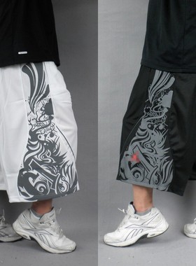 热款HIPHOP篮球短裤涂鸦印花肥大潮男街球运动裤篮球裤中裤A285