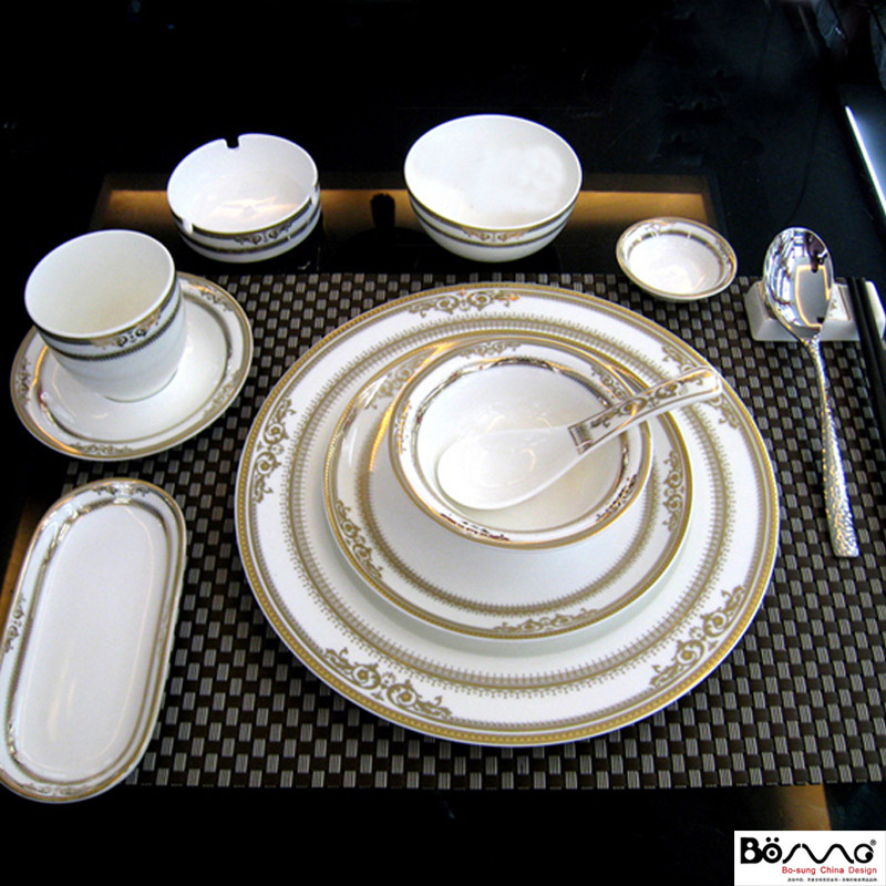 高档酒店包厢包房陶瓷餐具酒楼茶餐厅碗筷骨碟茶杯壶组合金碧辉煌