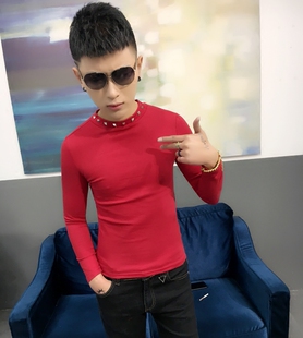 韩版男士长袖t恤修身立领2026春秋装新款潮流个性铆钉潮男打底衫