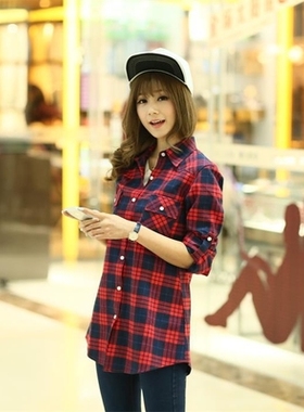 2025新款韩版学院风中长款格子衬衫女长袖大码宽松bf外套棉衬衣