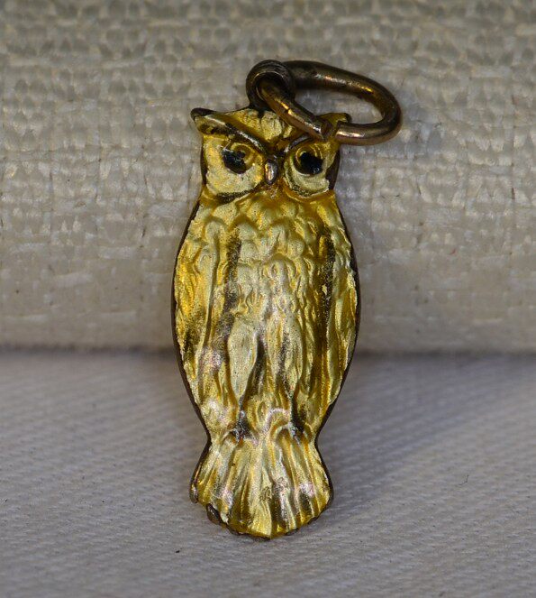 【SOLD】庭院西洋古董小坠 欧洲14K金双面珐琅猫头鹰吊坠DIY手链