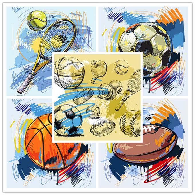 矢量设计素材 涂鸦彩色体育运动足球网球篮球橄榄球线稿 EPS格式
