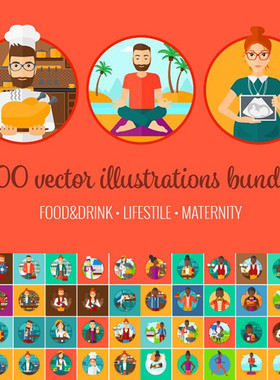 A1152矢量100个扁平化人物生活食育儿瑜伽运动健康 AI设计素材