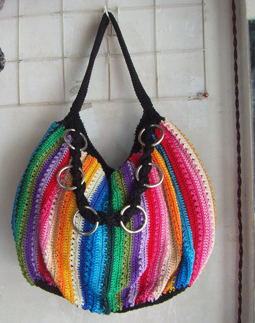 民间粗合股线钩针手工编织彩虹6环款式女士肩背手提包